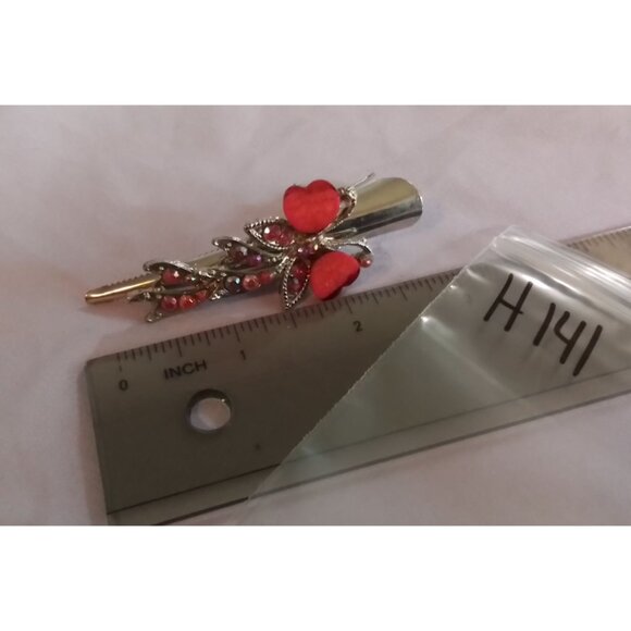 Vintage Red Heart Butterfly & Rhinestone Metal Hair Clip Barrette - Picture 3 of 3